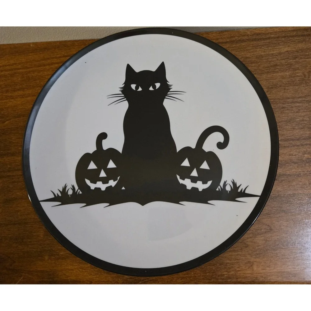 Halloween Melamine Plate Set 8pc Black White Spooky Graphics Witch Haunted House